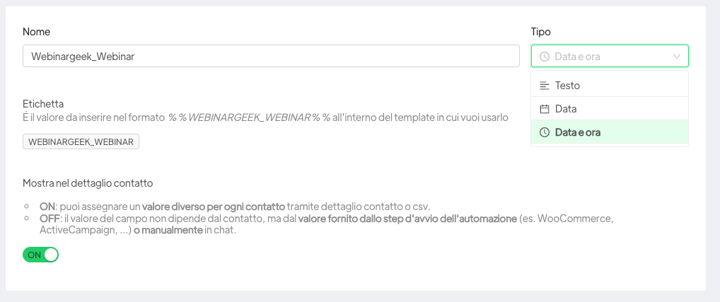 crea campo dinamico data e ora su spoki